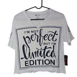 On Fire White w. Blue Writing Short Sleeve T-Shirt Size Medium 100% Cotton NWT